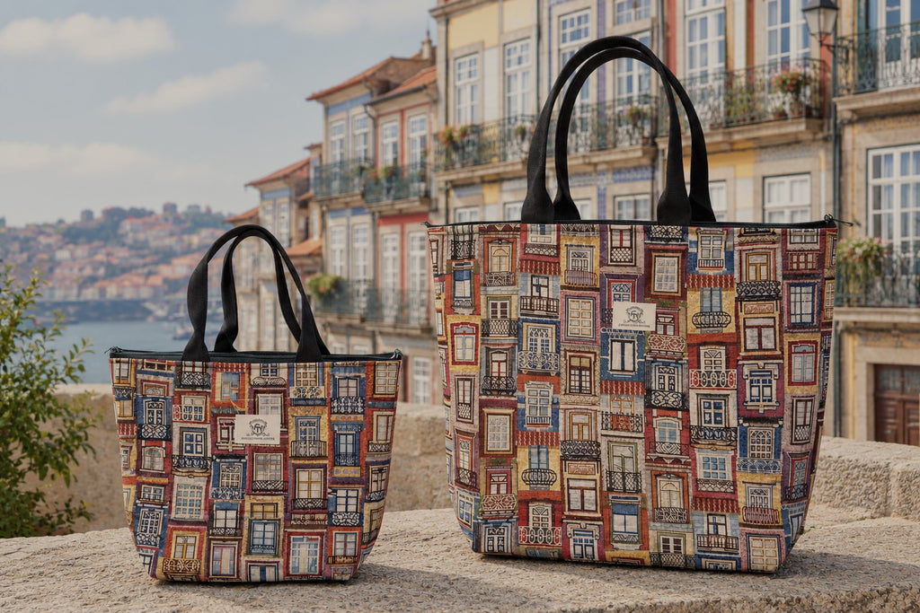 Bolsa em tecido feita à mão em Portugal com o tema janelas antigas portuguesas