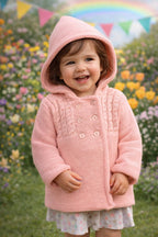 Baby cardigan in knit fabric with hood.