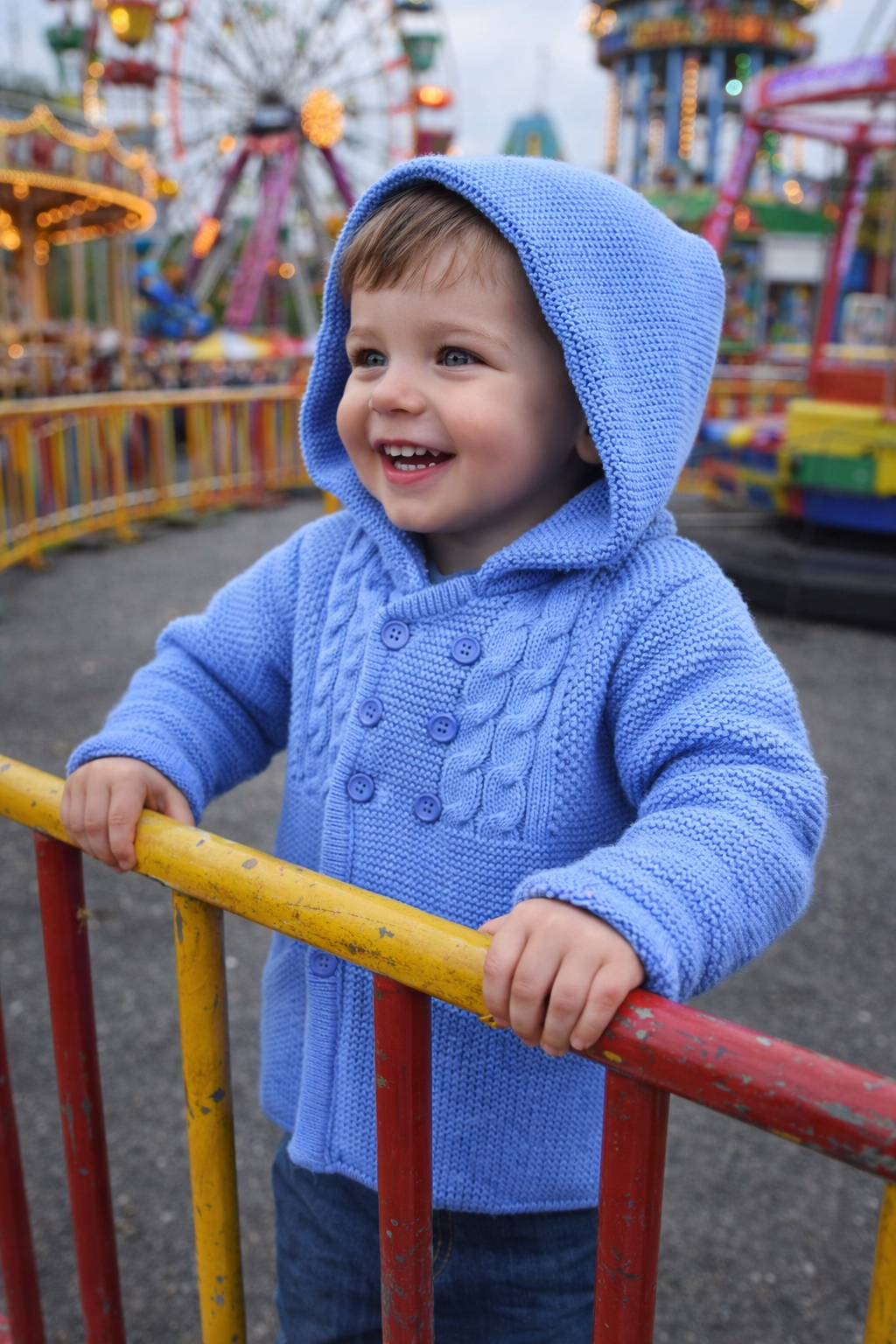 Baby cardigan in knit fabric with hood.