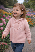 Baby cardigan in knit fabric with hood.