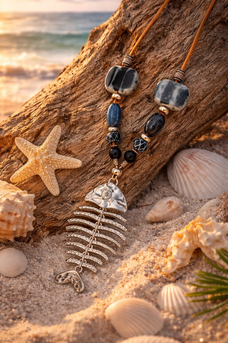 Colar Artesanal em Cortiça, Pedras Coloridas e metal.