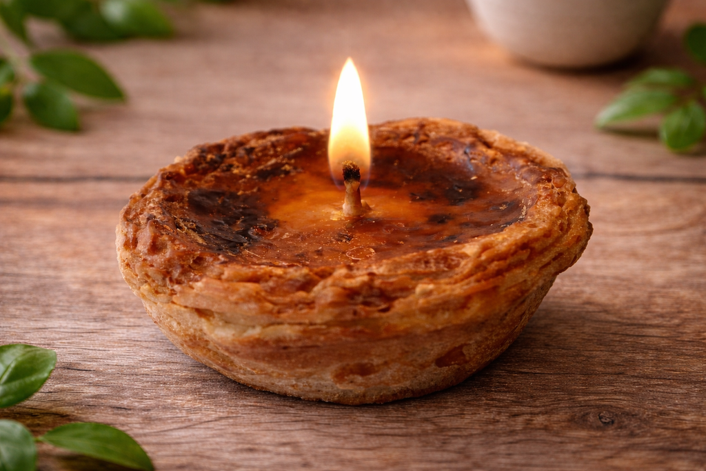 Handmade candle in the shape of a Pastel de Nata (Portuguese custard tart).
