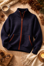 Blue wool knit jacket with zipper