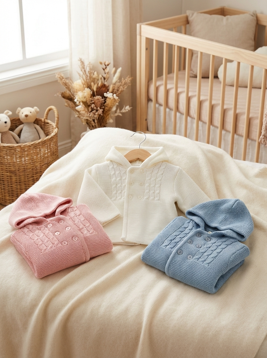 Baby cardigan in knit fabric with hood.