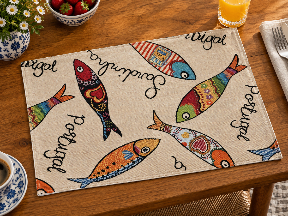 Jogo americano Sardinhas de Portugal feito à mão 49x34cm tecido gobelin 50% Algodão