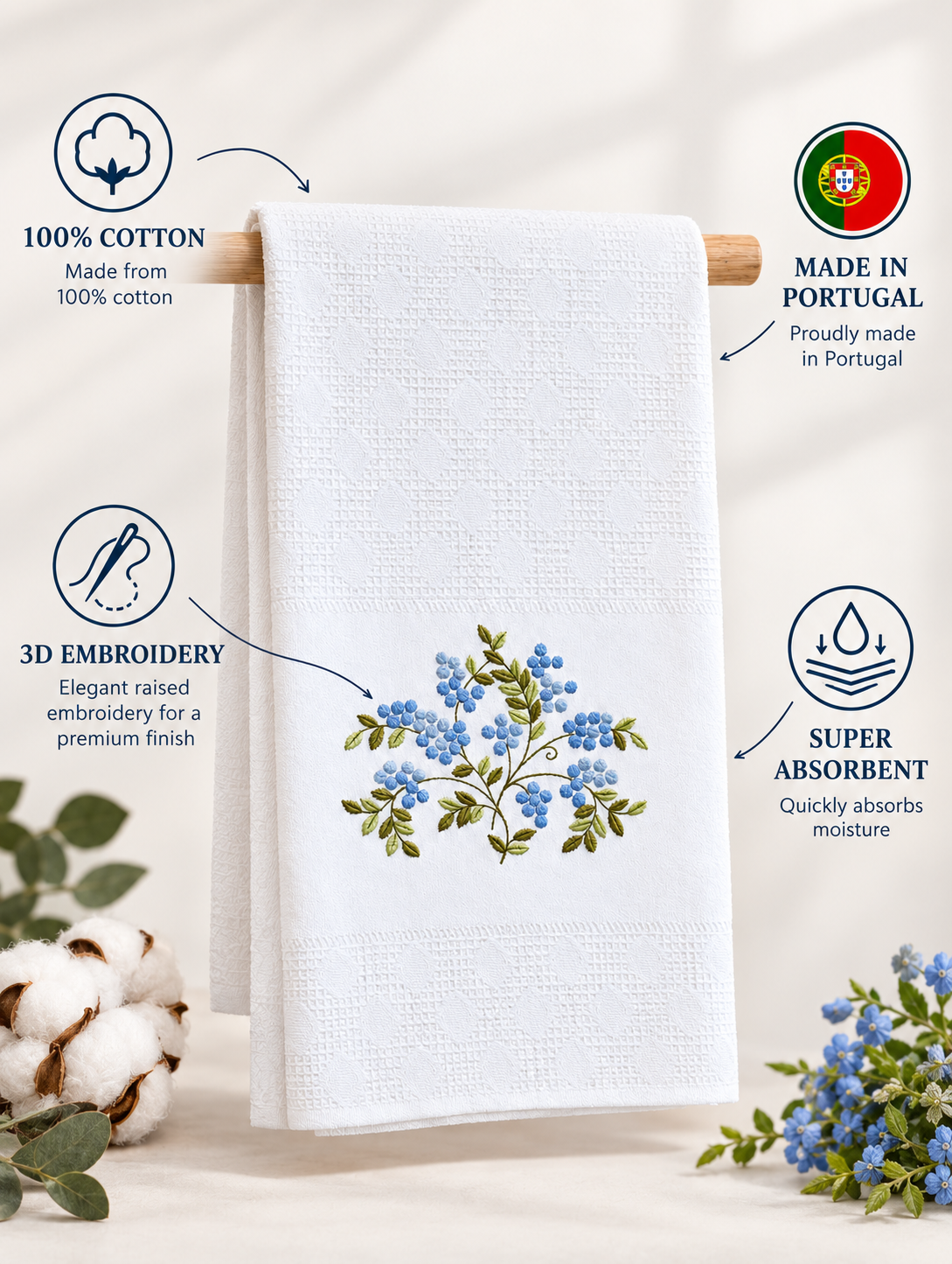 100% Cotton hand or dish towel with raised floral embroidery - 50 x 70 cm - Made in Portugal