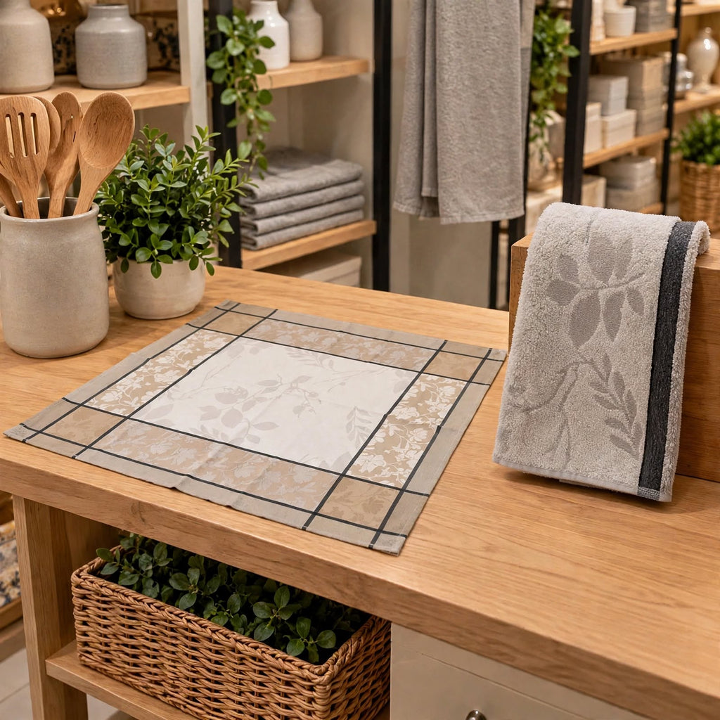 Kitchen towel set 100% cotton - 1 terry hand towel and 1 smooth jacquard tea towel with Portuguese pattern white and grey