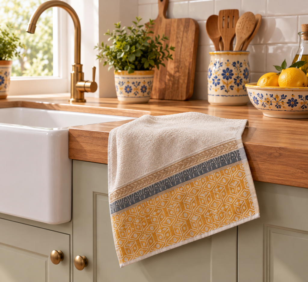 Kitchen Towel Set - 1 Terry Cotton Hand Towel + 1 Jacquard Tea Towel