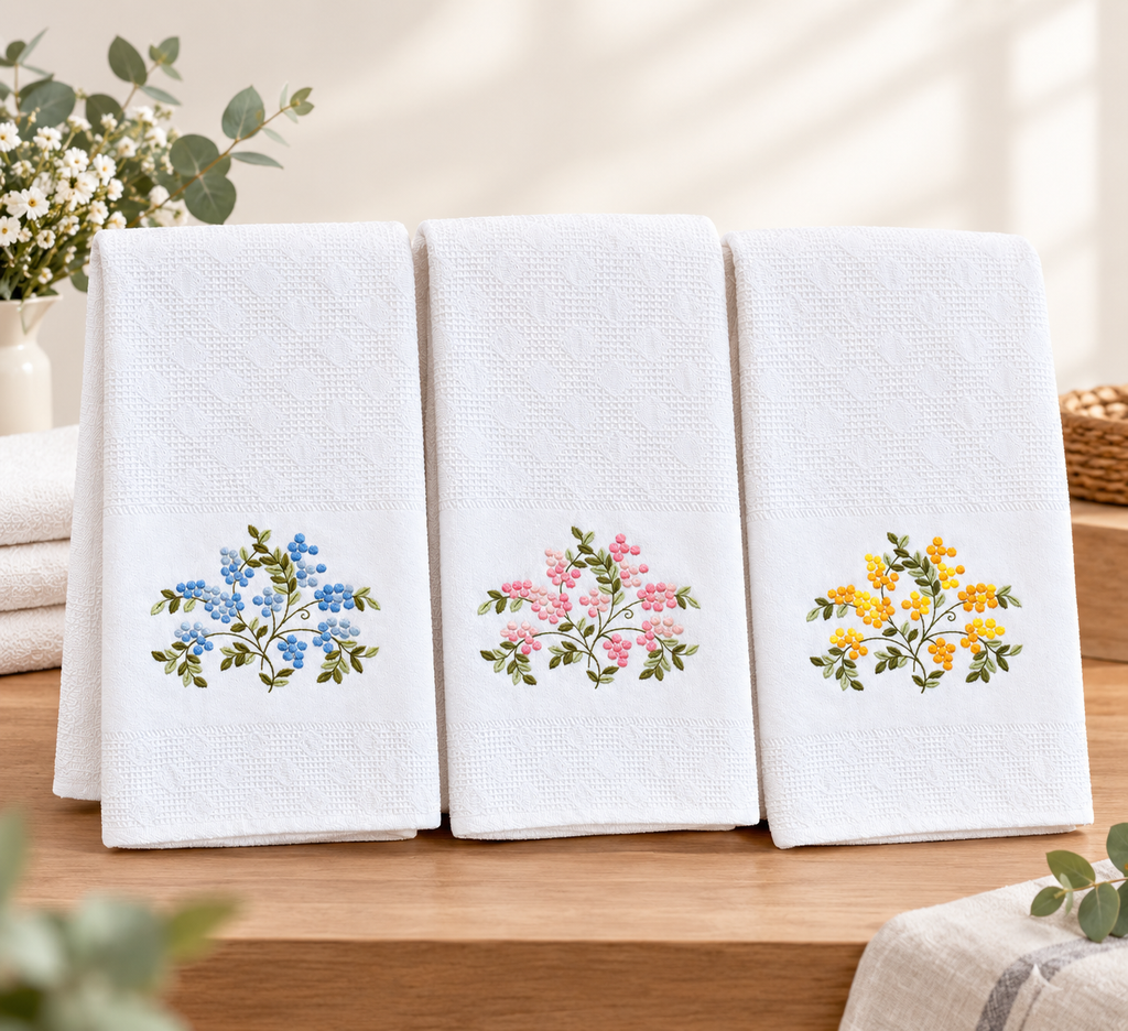 100% Cotton hand or dish towel with raised floral embroidery - 50 x 70 cm - Made in Portugal