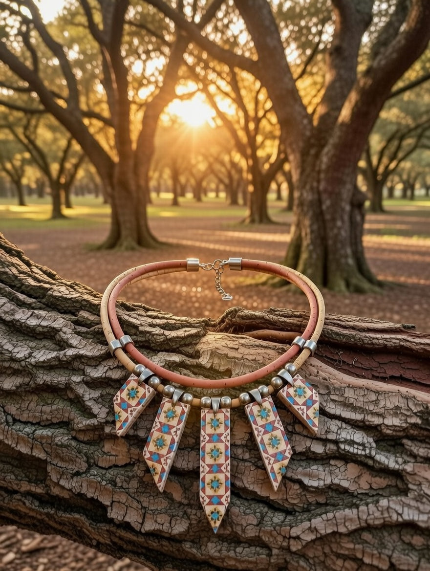 Colar Artesanal em Cortiça, Pedras Coloridas e metal.