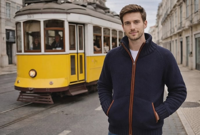 Casaco de malha azul em lã